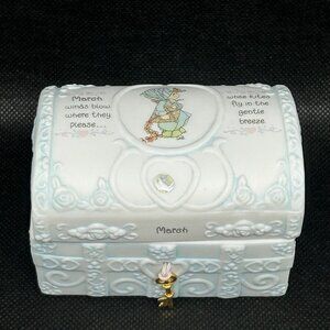 1995 Precious Moments Bisque Porcelain March Keepsake Trinket Box w/Key